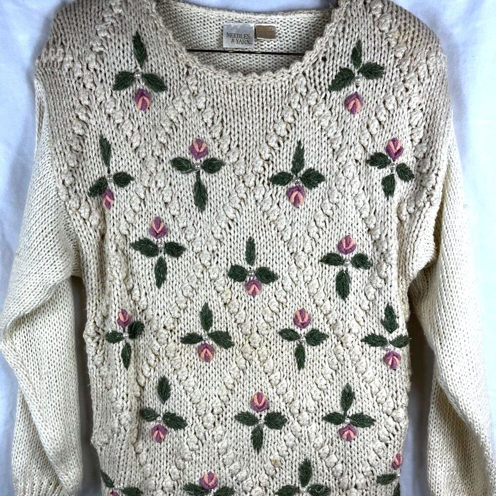Vtg Cottagecore Floral Knit Pearls Sweater 90s Needles & Yarn Sz L
